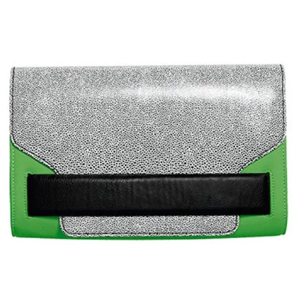 Black white and neon green handbag